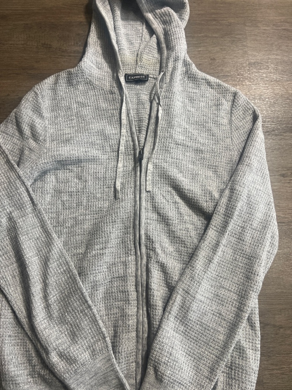 Express Men’s Light Gray Waffle-Knit Hooded Zip Sweater
